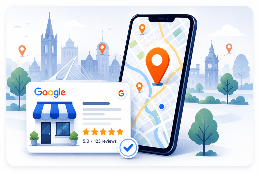 Google Business Profile and mobile map showing a local business with reviews and location pins