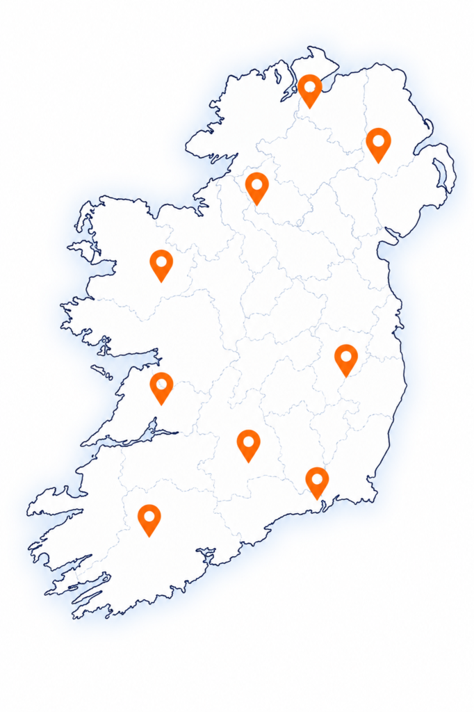 Map of Ireland with location pins showing LOCAIO service coverage across Northern Ireland and the Republic of Ireland