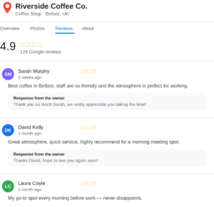 Google Business Profile reviews panel showing a 4.9 star rating from 128 reviews with owner responses to customer feedback